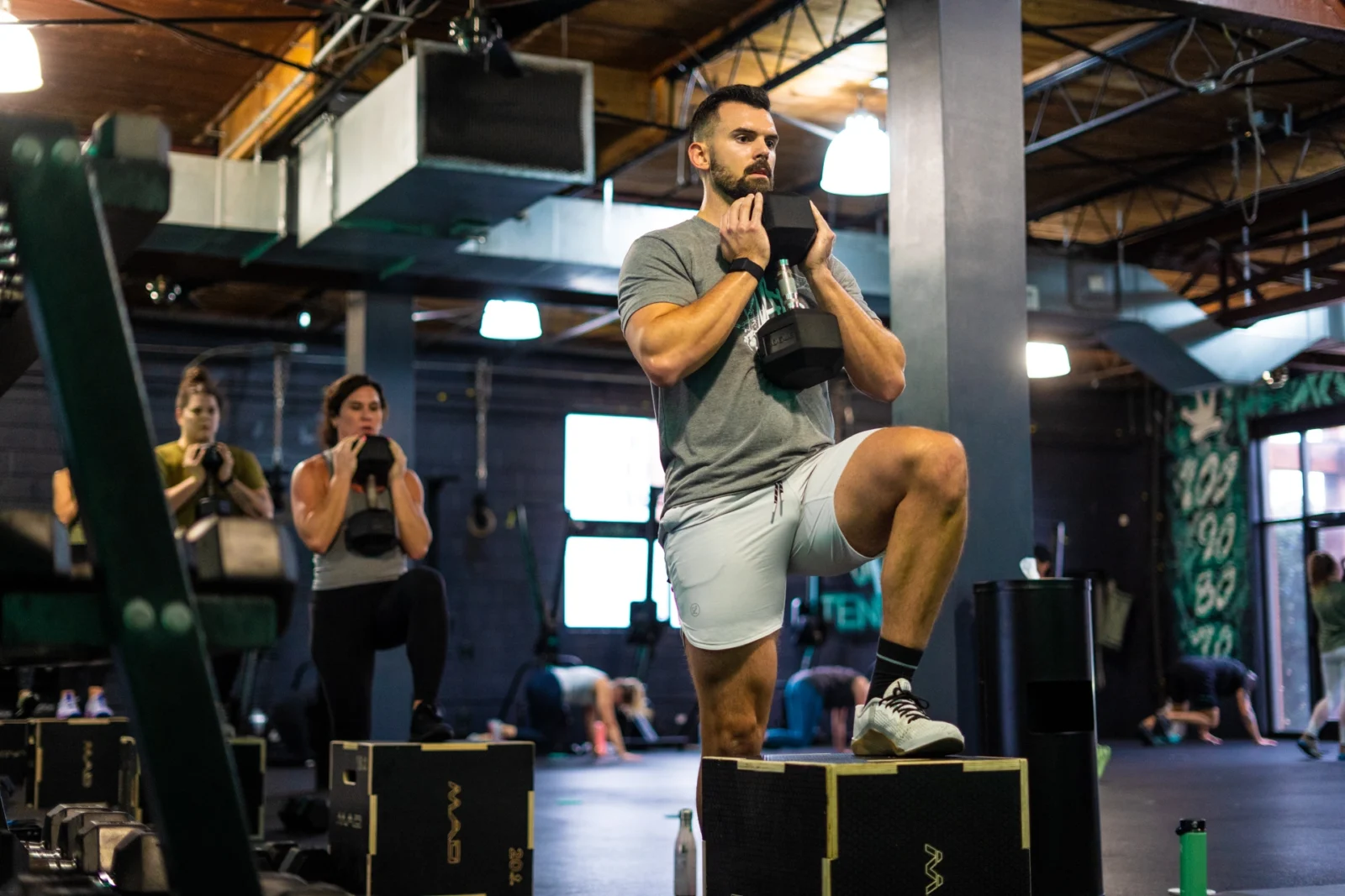 People doing step ups in a group strength training class.