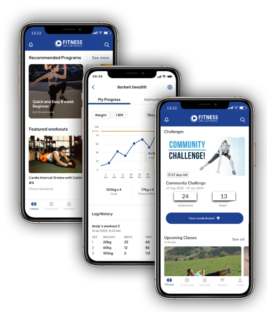 three iPhones screens showcase the Fitness On Demand app