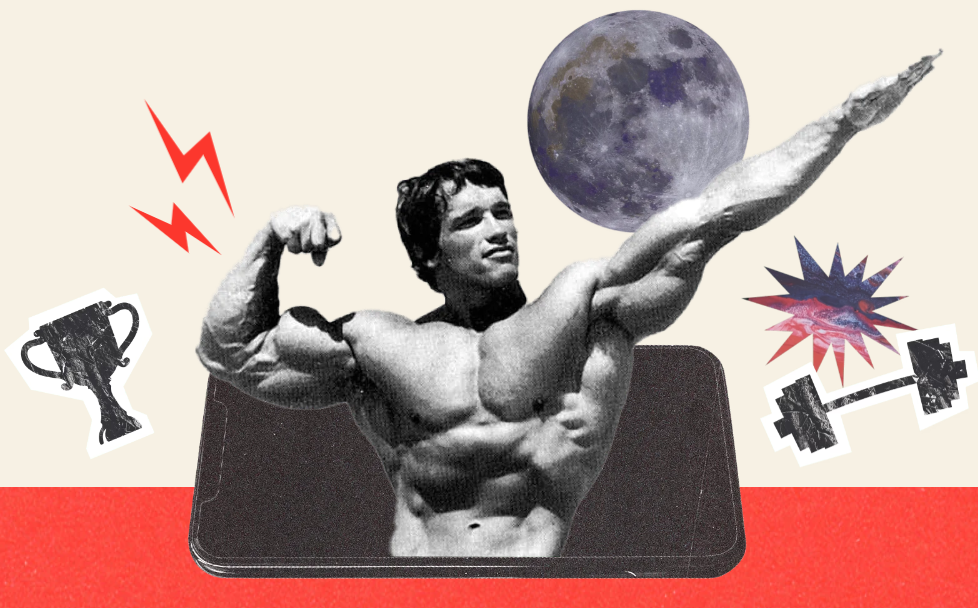 Arnold Schwarzenegger poses in a fitness app logo