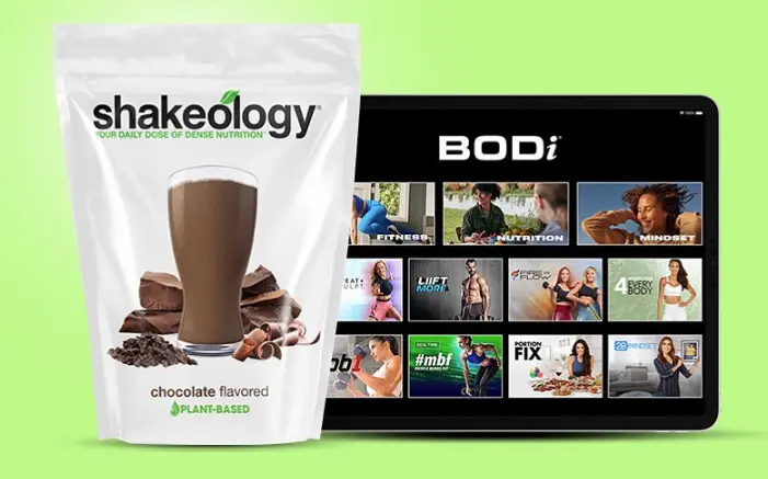 a screenshot of Bodi's offerings and a package of Shakeology