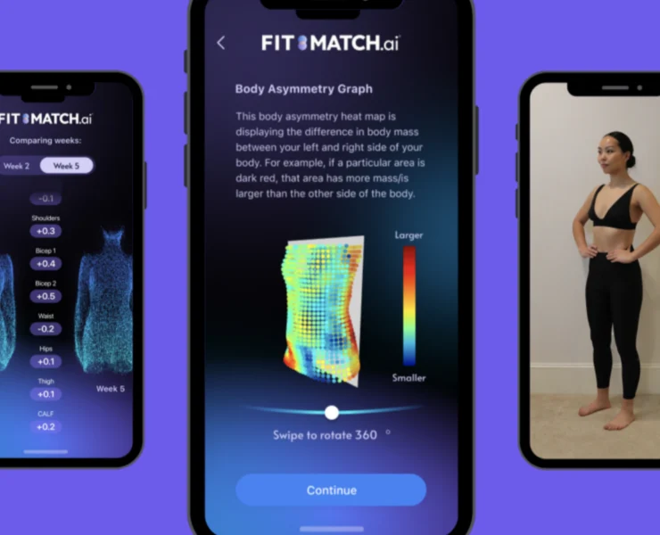 Three photos shown on mobile device screens against a purple background. The images show Fit:Match capabilities in scanning the body for composition. Another image shows a woman being scanned.