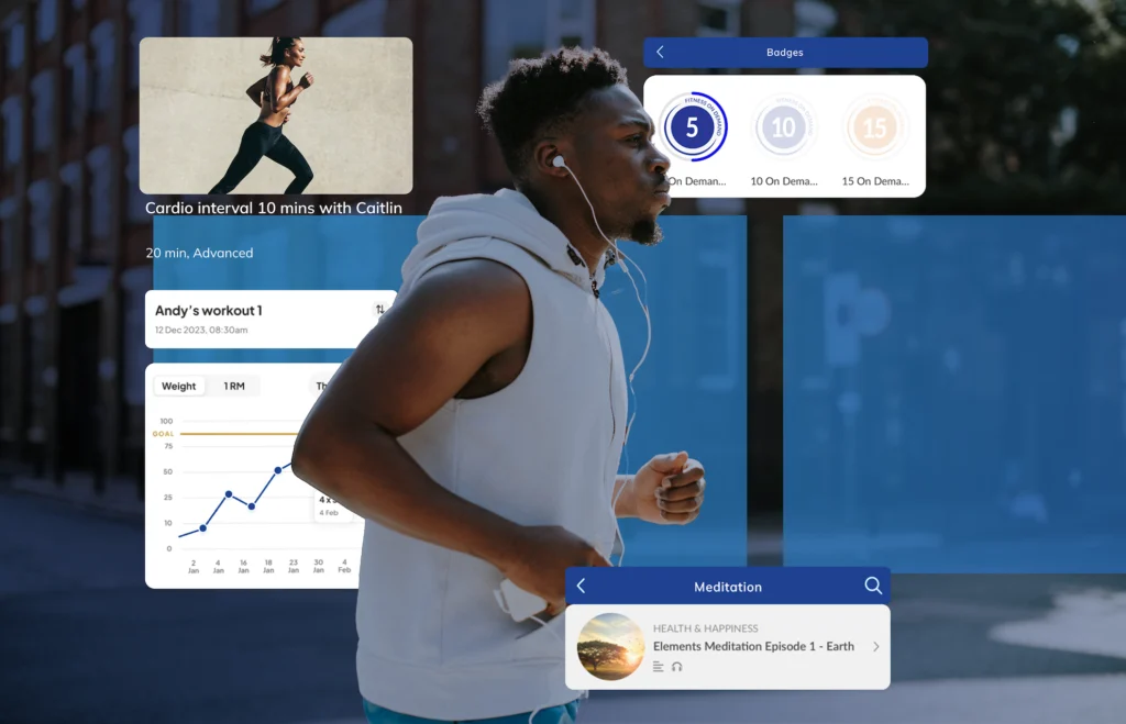 man works out while listening to music in front of fitness app graphics