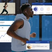 man works out while listening to music in front of fitness app graphics