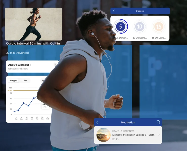 man works out while listening to music in front of fitness app graphics