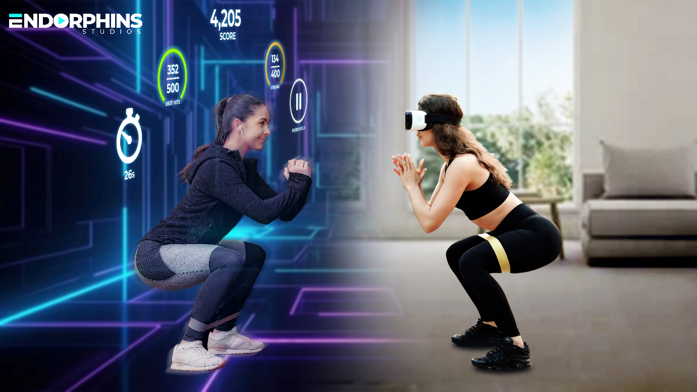 woman works out with an instructor in virtual reality