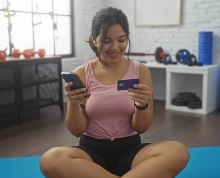 A young hispanic woman in a gym uses her smartphone and credit card while sitting on a blue mat