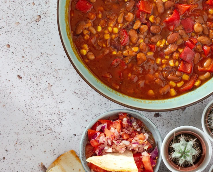 a bowl of plant-based chili with beans