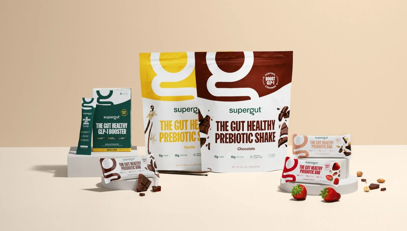 lineup of Supergut healthy food products