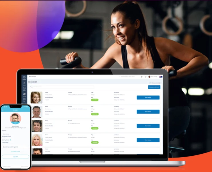 an image depicting a smiling women who is working out and a screen that shows Xplor Gym's offerings