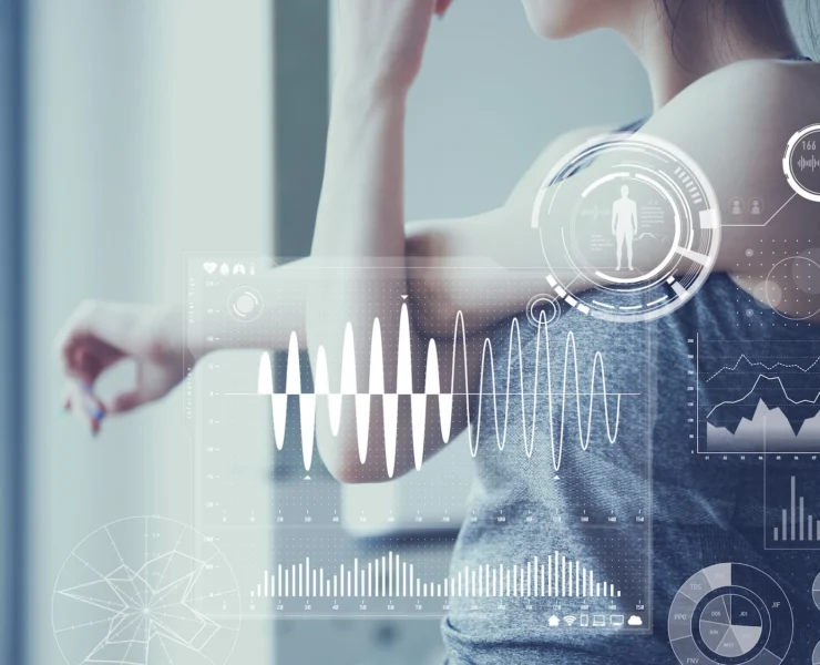 young woman stretches while pop-up data graphics appear in front of her