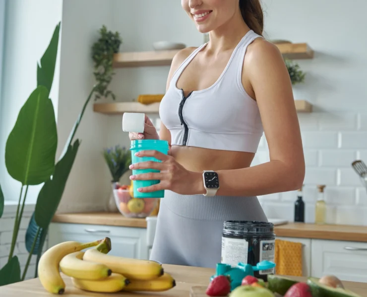 active woman pours protein powder into a shaker bottle