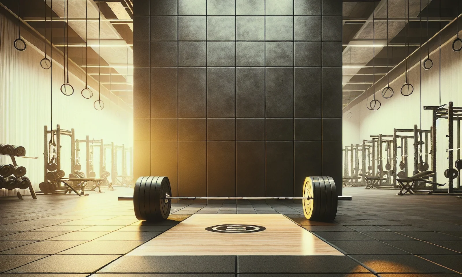 loaded barbell in the middle of an Olympic lifting platform