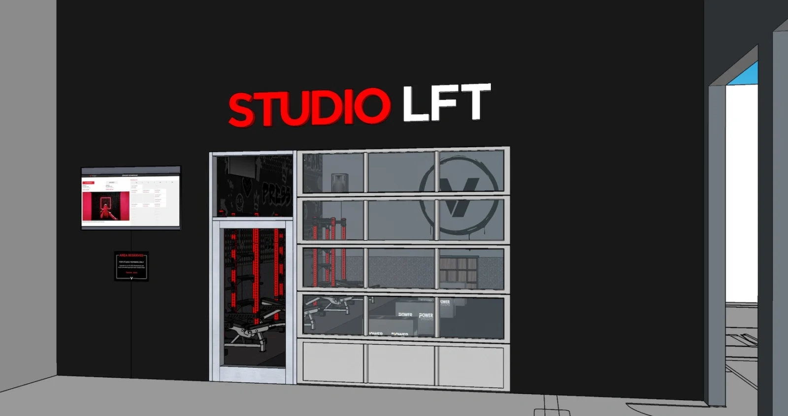 rendering of a STUDIO LFT class entrance at Vasa Fitness