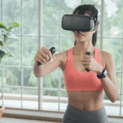 woman works out wearing a virtual reality headband